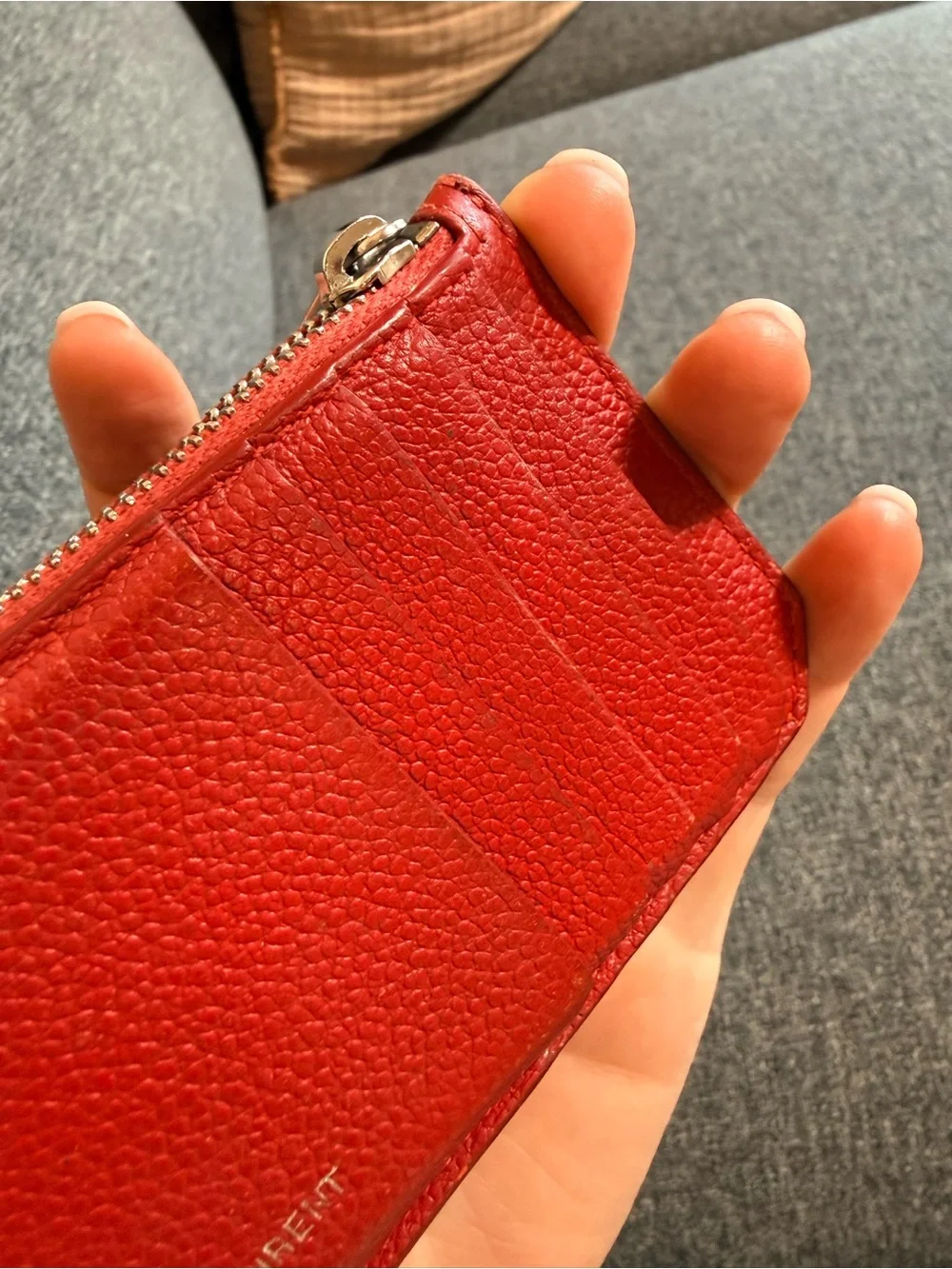 Authentic Saint Laurent New Red Pebbled Leather Card Wallet with Zip - Picture 6 of 7